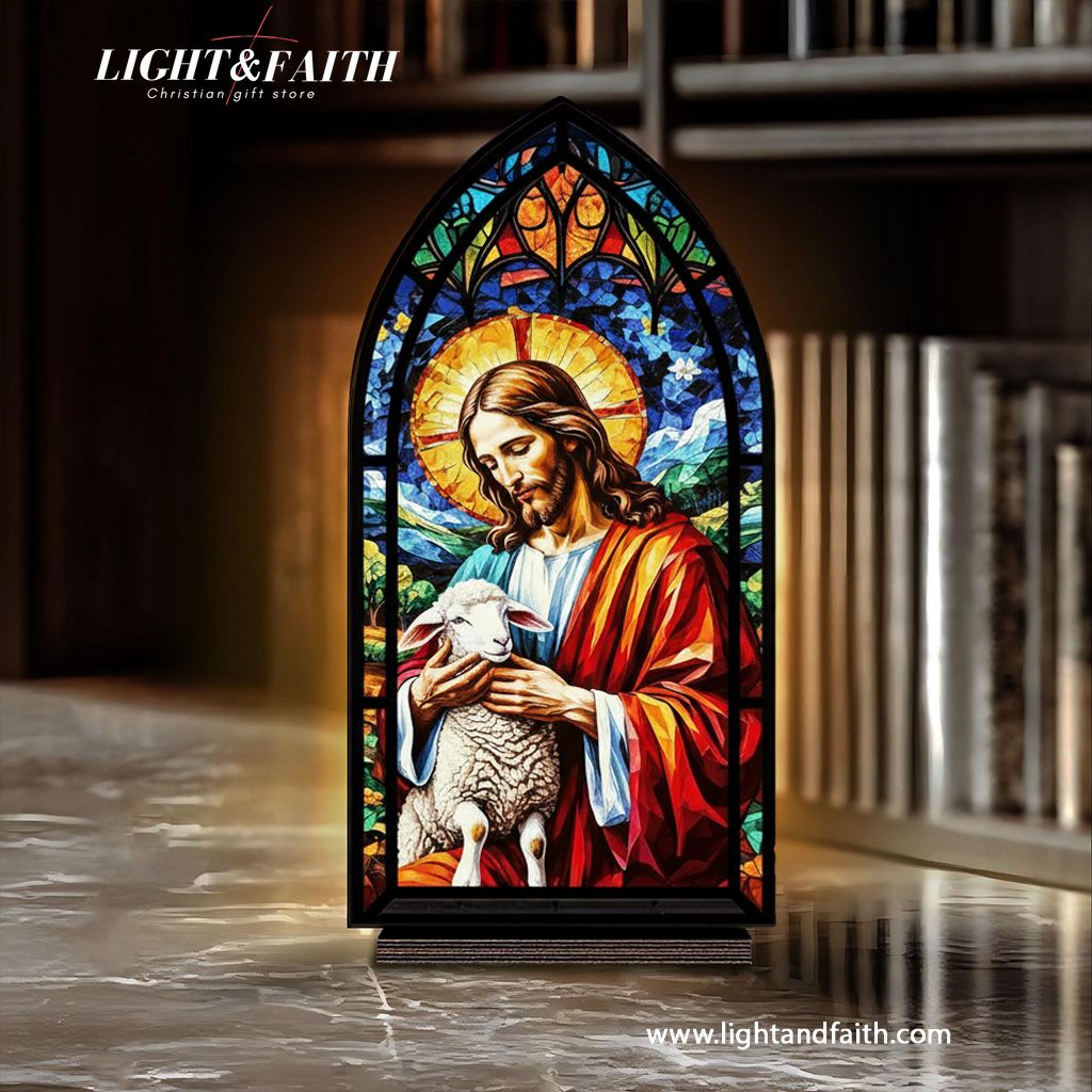 Christian Jesus The Good Shepherd Book Nook Decor, Stained Glass Window Style LED Light, Religious Home Altar Decoration, Faith Gift for Prayer and Blessing BNLAF16